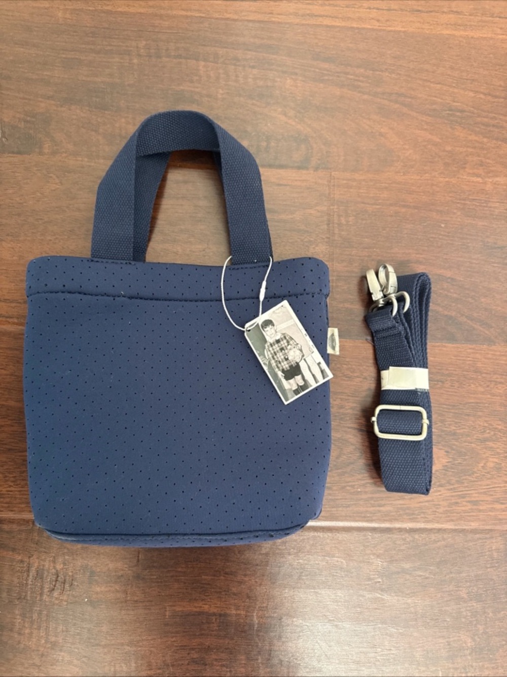 Women's Navy Perforated Neoprene Tote with Adjustable Strap